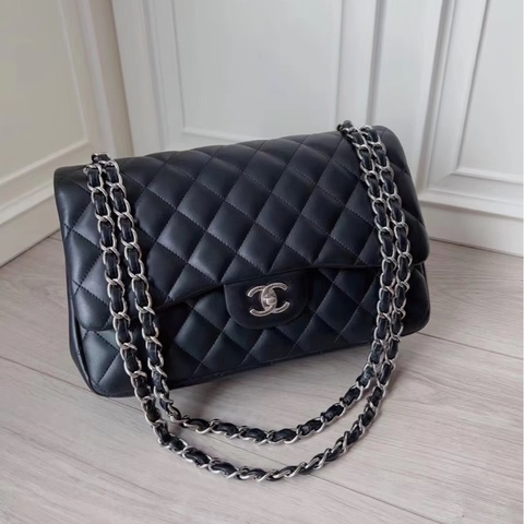 💎Chanel香奈兒｜硬通貨CF Jumbo 雙蓋黑銀 羊皮 鏈條包｜98新