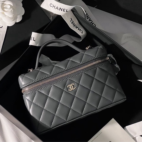 💎Chanel香奈兒｜25B深灰色羊皮lp飯盒包｜99新芯片款
