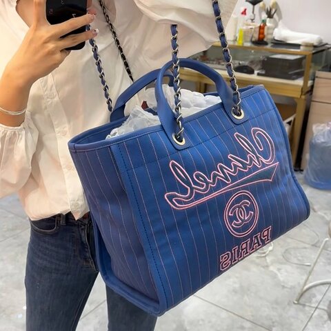 CHANEL 芯片款 23p藍白條紋帆布 子母沙灘包 38*29*20 99新配件塵袋 子袋