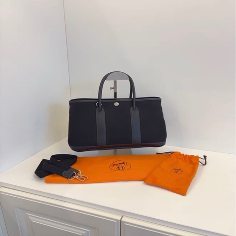 Hermes Garden花園30 黑色帆布拼皮