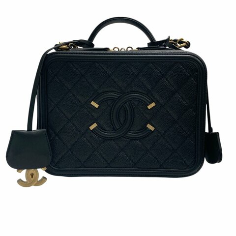 CHANEL 香奈兒 CC FILIGREE VANITY CASE 黑色荔枝紋牛皮 金釦