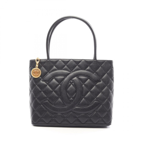 香奈兒 (CHANEL) Medallion 手提包，粒面小牛皮，黑色，二手，女士，金色五金配件，CC