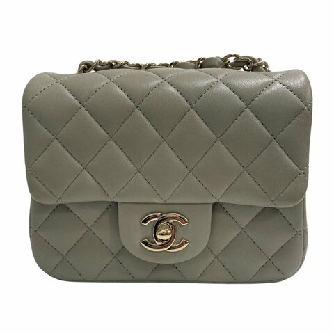 CHANEL 香奈兒 MINI SQUARE FLAP BAG 鼠尾草灰 菱格紋羊皮 銀釦