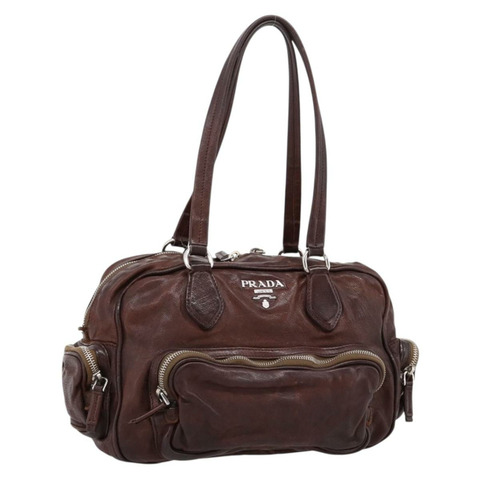 PRADA 手提包 皮革 棕色 銀色 BR2804 正品 am12375V