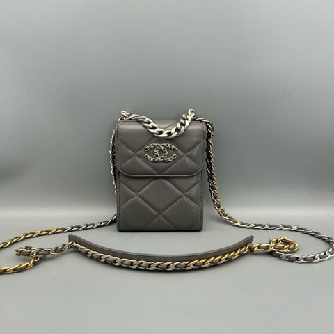 Chanel 19bag灰色手機包 22系列 芯片款 銀金鍊條