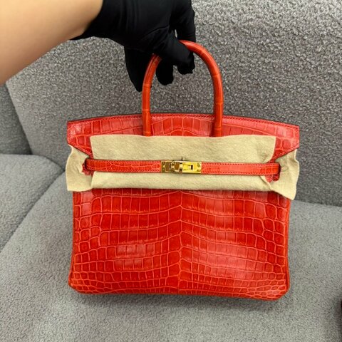 愛馬仕 Hermès Birkin 25 亮面兩點鱷魚 橙色 鱷魚皮 金扣 T刻