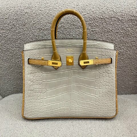 愛馬仕 Hermès Birkin 25 珍珠灰拼2H牛皮紙 方塊鱷魚 磨砂金扣 全新 B刻