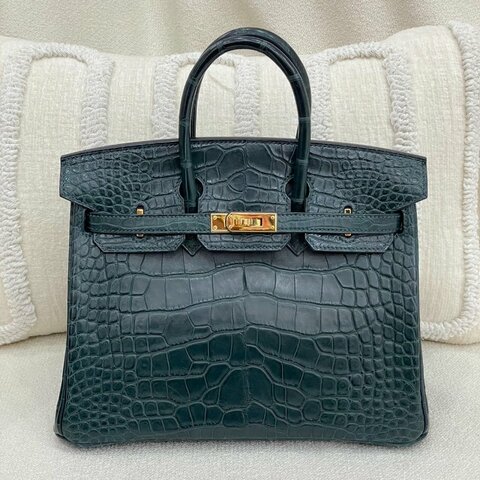 愛馬仕 Hermès Birkin 25 6O松柏綠 方塊鱷魚 金扣 Z刻