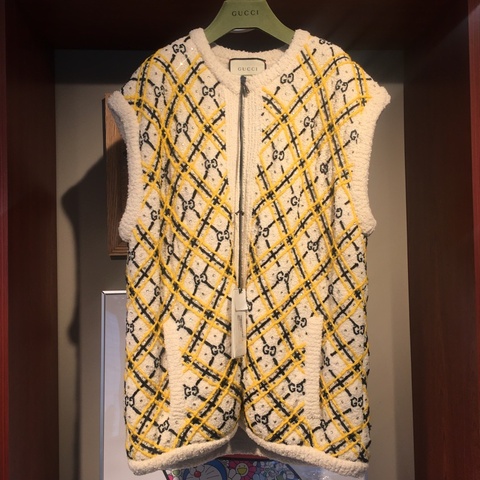 全新 GUCCI 黃黑菱格GG水鑽泰迪毛絨拉鍊馬甲（無袖背心外套）Gucci水鑽菱格GG泰迪毛毛馬甲，無袖拉鍊款，寬松版型，意大利製造，秋冬疊穿好搭配。oversize版