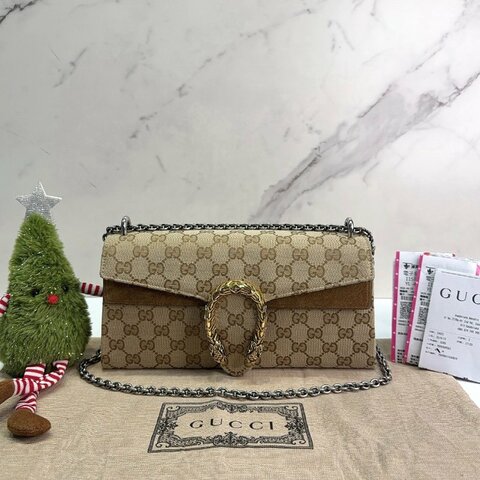 GUCCI 老花帆布麂皮酒神鏈條包
