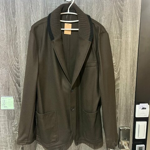 【美收精品】HERMÈS 咖啡色羊毛螺紋拼接領西裝外套 5-843【隔月月中將轉賣至日本 上架期限30天】