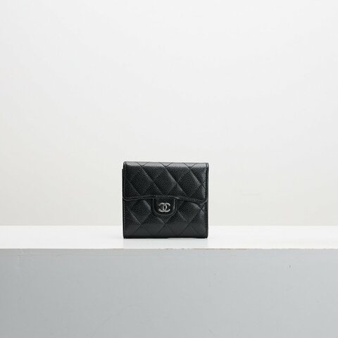二手Chanel Cf三折短夾/黑銀牛 芯片款