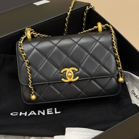 Chanel香奈兒 24C牛皮 黑金雙金珠19鏈條可調節 單肩包斜挎包 芯片款