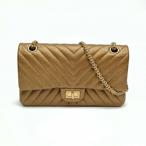 Chanel香奈兒 2.55口蓋包小號棕色羊皮革24開金扣V紋肩背包