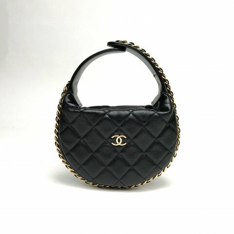 Chanel香奈兒 23C呼啦圈月牙包黑色羊皮革淺金扣皮穿鏈肩背包
