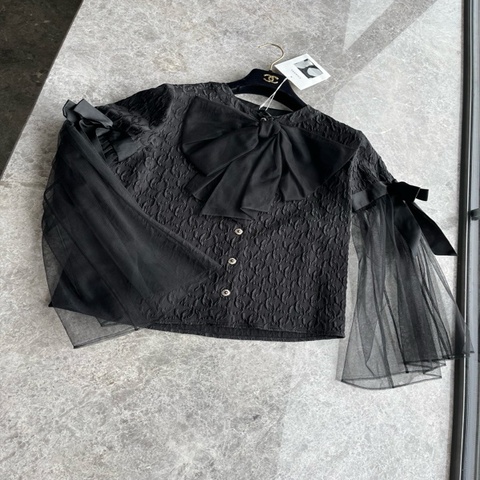 Chanel 25K黑色网纱蝴蝶结真丝衬衫fr34~~