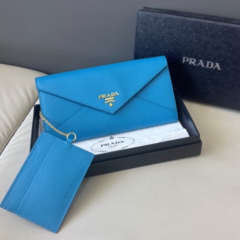 【近新閒置品】Prada 藍色信封長款錢包 十字紋牛皮長夾