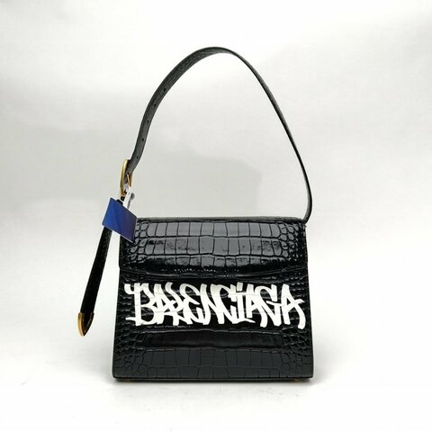 BALENCIAGA 黑色牛皮革金扣鱷魚壓紋塗鴉包肩背包