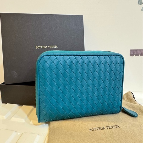 BV 正品 BOTTEGA VENETA 藍綠 編織 拉鍊長夾 錢包 發財包 大長夾