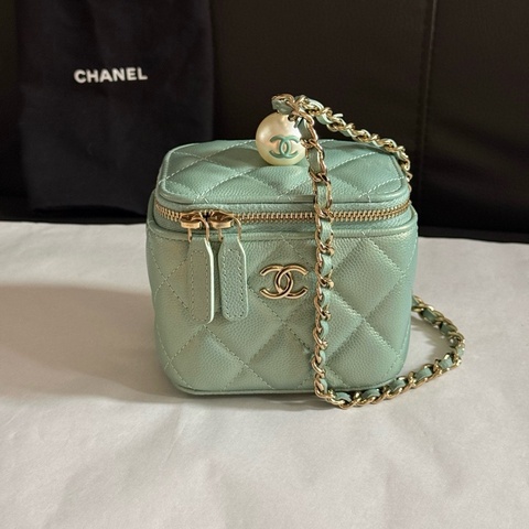 CHANEL香奈兒 荔枝皮金扣 薄荷綠珍珠盒子包 手提包