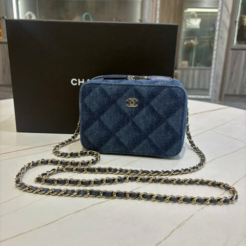 *SHIHNA名牌精品*CHANEL丹寧菱格紋拉鍊mini相機鏈包（芯片款）