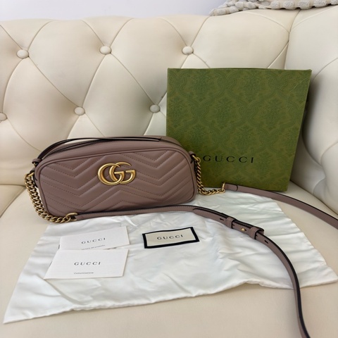 二手GUCCI 奶茶色447632 GG Marmont馬夢小牛皮古銅鏈相機包
