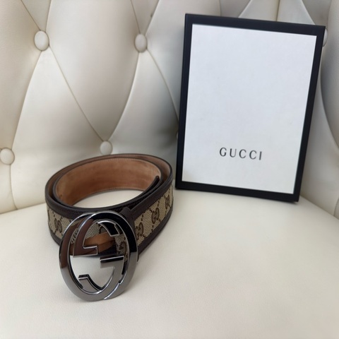 二手GUCCI咖啡色緹花滾皮邊銀色GG logo腰帶95公分114876
