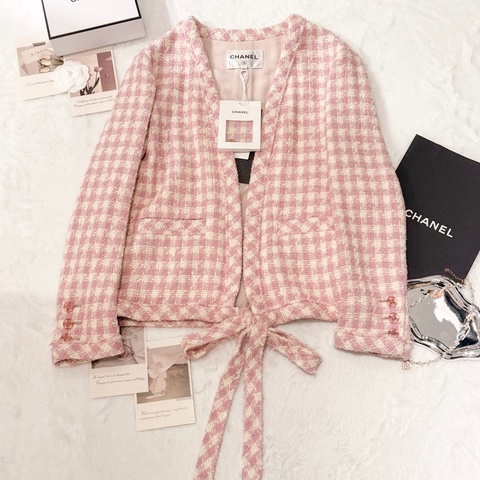 CHANEL 23S Tweed Jacket 粉白格紋綁帶外套