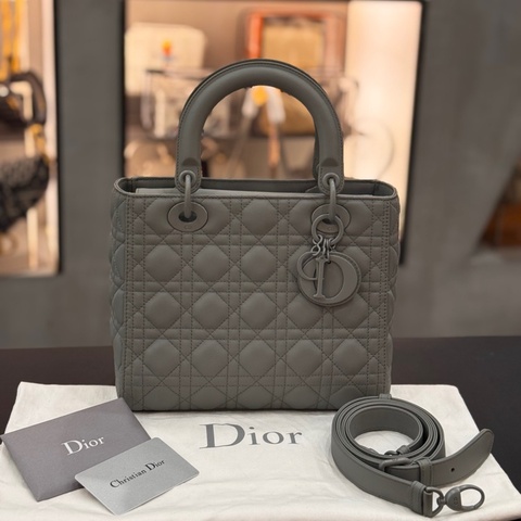 DIOR迪奧 Lady Dior 五格藤格紋 啞光牛皮革 戴妃包單肩斜挎手提包 中號