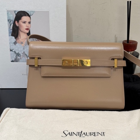 SAINT LAURENT聖羅蘭 YSL 米色 曼哈頓單肩包 金色搭扣可調節可拆卸肩帶 小牛