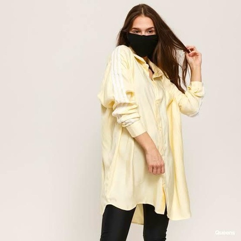 Adidas 緞面三條紋寬鬆落肩襯衫 下半身失蹤 襯衫洋裝 超美鵝黃 女 XS oversize