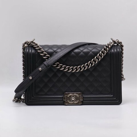 CHANEL Boy28 牛皮口蓋包 - 黑銀20開