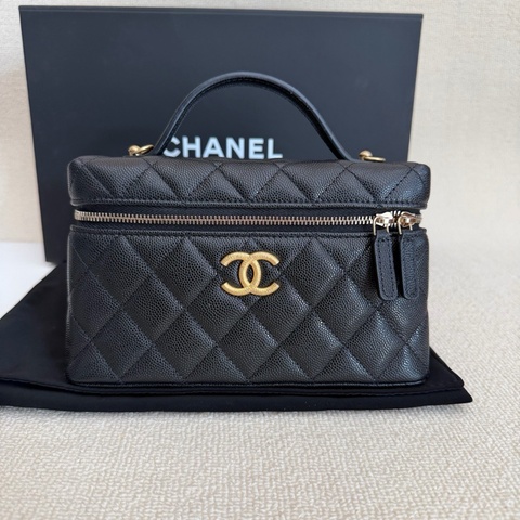 閒置未使用Chanel香奈兒25P 黑色拉絲金扣 LP飯盒包 荔枝皮