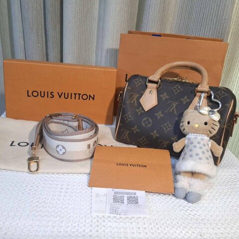 最低價二手 LV 芯片 M46222 Speedy 20 經典老花 附粉色背帶手提包 肩背包