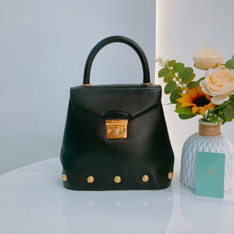 MS0844	Salvatore Ferragamo 菲拉格慕復古手提包包 Vintage Studded Top Handle Bag Smooth Calfskin Black x GHW