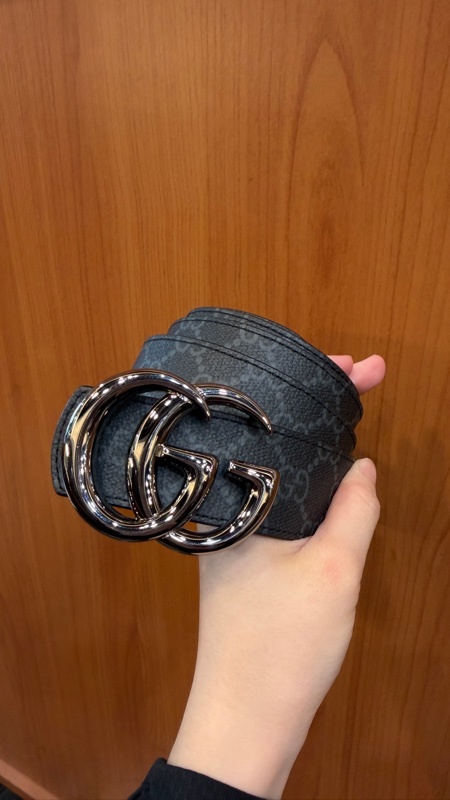 Gucci 黑灰PVC拼牛皮銀釦雙面用皮帶