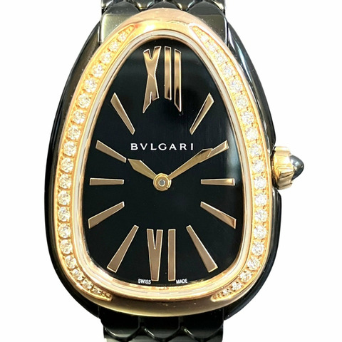 寶格麗 (Bulgari) Serpenti Seduttori 系列腕錶，總重 62.4 克，不鏽鋼錶殼，鑲鑽，石英機芯，黑色錶盤，型號 103706