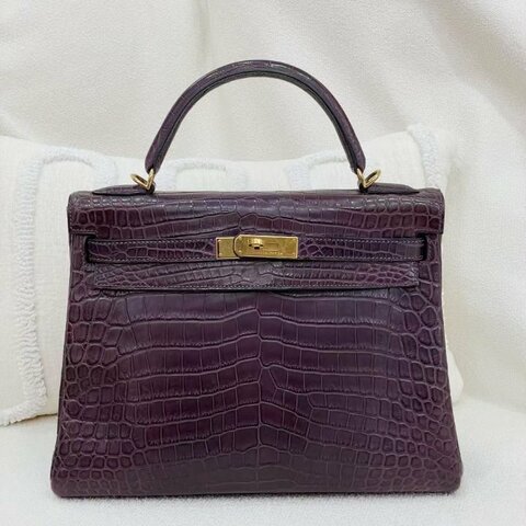 愛馬仕 Hermès Kelly 32 凱莉 N5葡萄紫 兩點鱷魚 金扣 框O刻