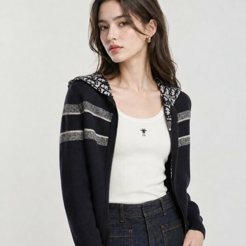 38號 ::Christian Dior:: Dior Oblique 圖案雙面拉鍊連帽開襟衫 藍色喀什米爾混紡針織連帽外套