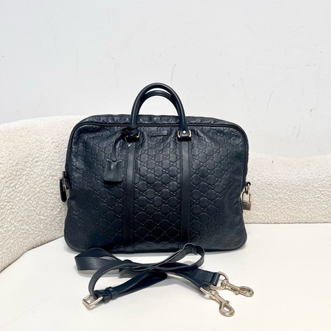 Gucci 古馳 黑色老花壓紋滿Logo 黑色全皮公文包