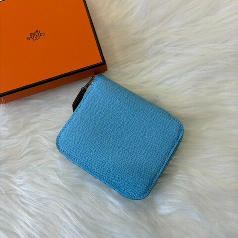 HERMES Epsom Silk In絲巾拉鏈卡片零錢包 天空藍