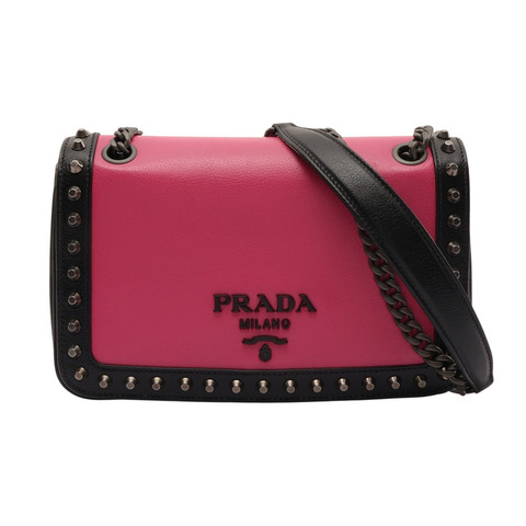 PRADA 普拉達 桃紅黑色鉚釘 肩背包 粉/黑色 牛皮 1BD147