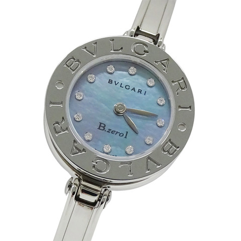 寶格麗 (Bulgari) 女士腕錶，品牌：B-zero1，藍色錶殼，鑲嵌12顆鑽石，石英機芯，不鏽鋼 (SS)，型號：BZ22S，手鐲式錶帶