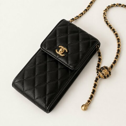 【翰貝格名牌館】全新真品 CHANEL 新款 黑色 小羊皮 核桃 金球 皮穿金鍊 斜揹 手機包 AP2705 現貨 特價