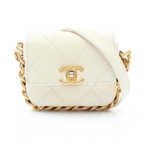 CHANEL 香奈兒 Mini Flap 鍊帶肩背包 白色 菱格紋 牛皮 金釦 AS2833
