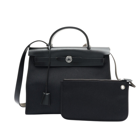 HERMES 愛馬仕 Herbag 31 兩用包 黑色 BOX牛皮/帆布 D刻 銀扣