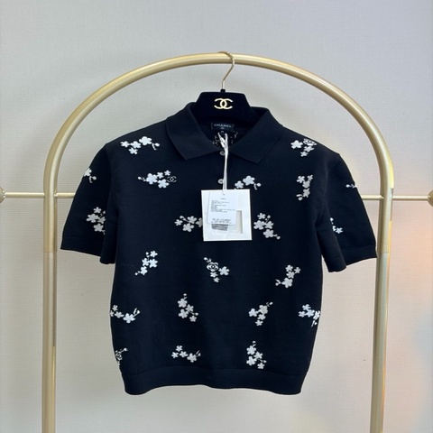 Chanel26p黑色针织印花polo上衣短袖fr36~~