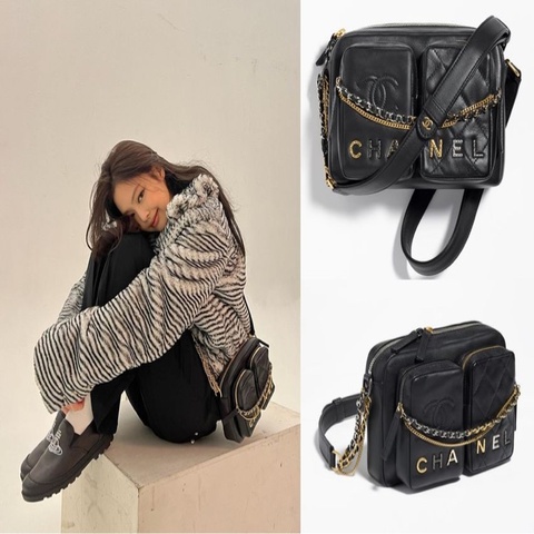 ⭐️Jennie同款。Chanel 香奈兒 牛皮金鍊雙口袋斜背相機⭐️