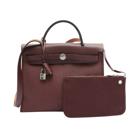 HERMES 愛馬仕 Herbag 31 兩用包 波爾多紅 BOX牛皮/帆布 T刻 銀扣
