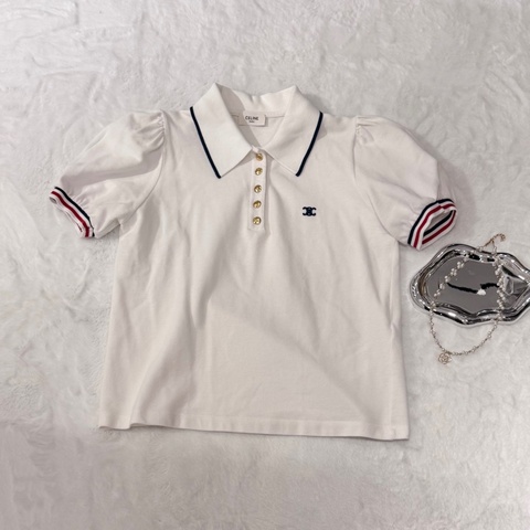 Celine 白色泡泡袖Polo短袖